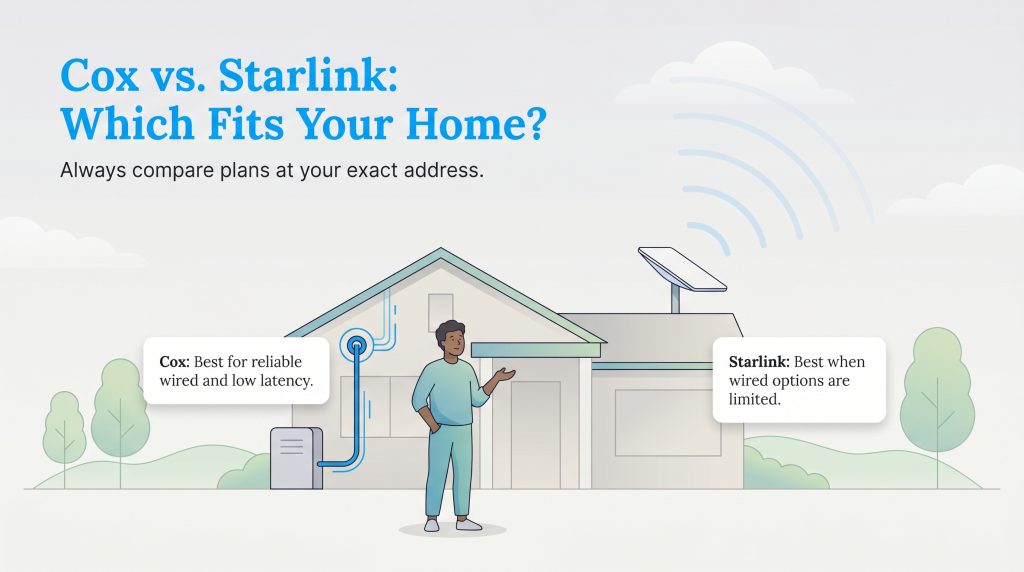 Illustration comparing Cox wired internet and Starlink satellite internet for home use.