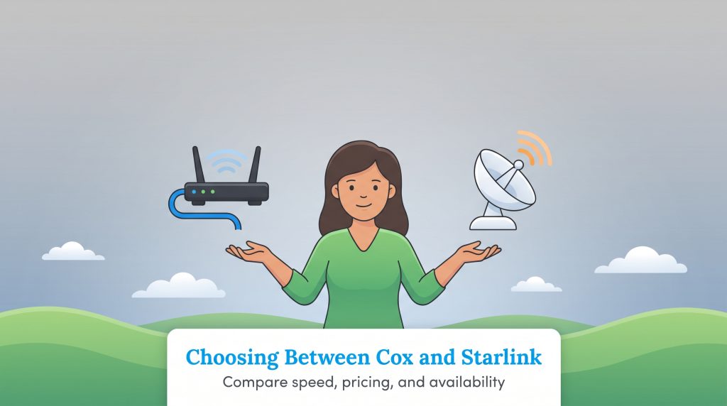 A woman balances a cable modem and a satellite dish with the text Choosing Between Cox and Starlink below.