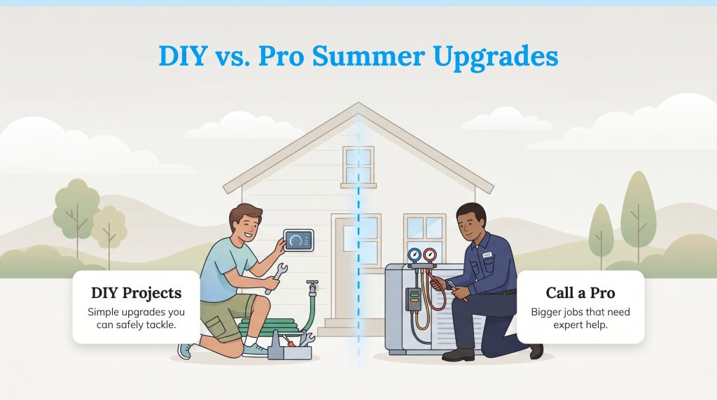 A split illustration showing a man doing a DIY project and a professional technician working on an HVAC unit.