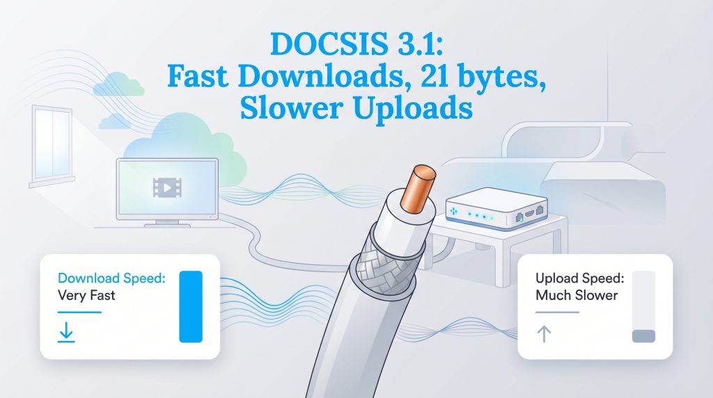 Diagram showing DOCSIS 3.1 enables very fast download speeds but significantly slower upload speeds.