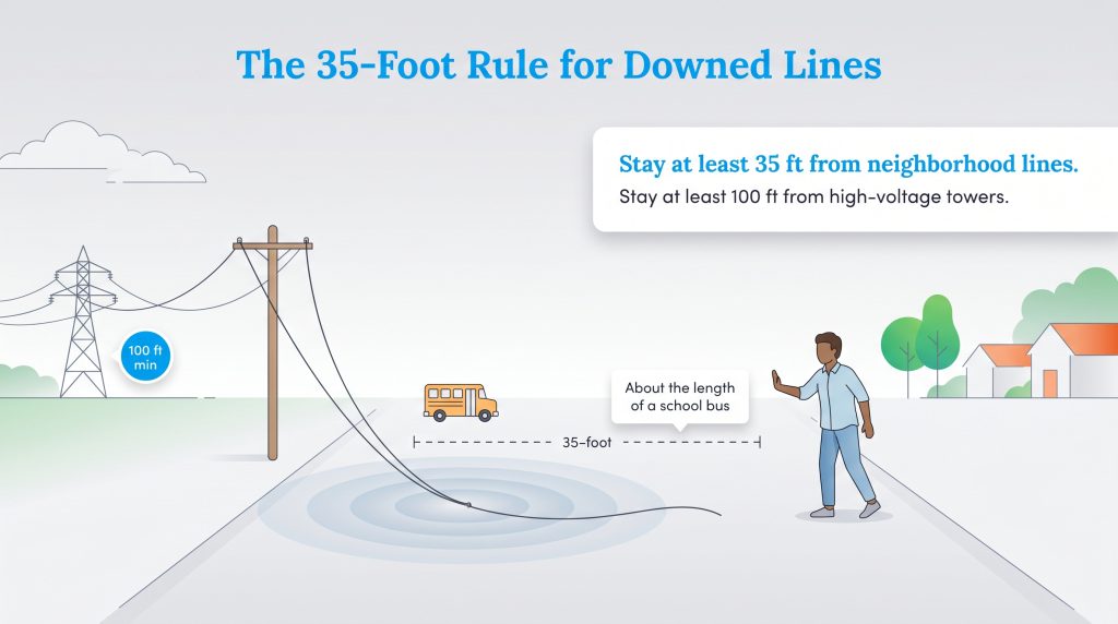 Illustration shows a person keeping 35 feet away from a downed power line, the length of a school bus.