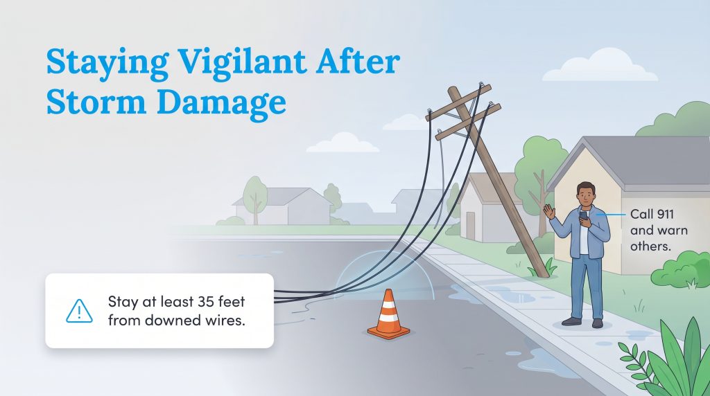 Infographic shows downed wires; text warns to stay 35 feet away and call 911.