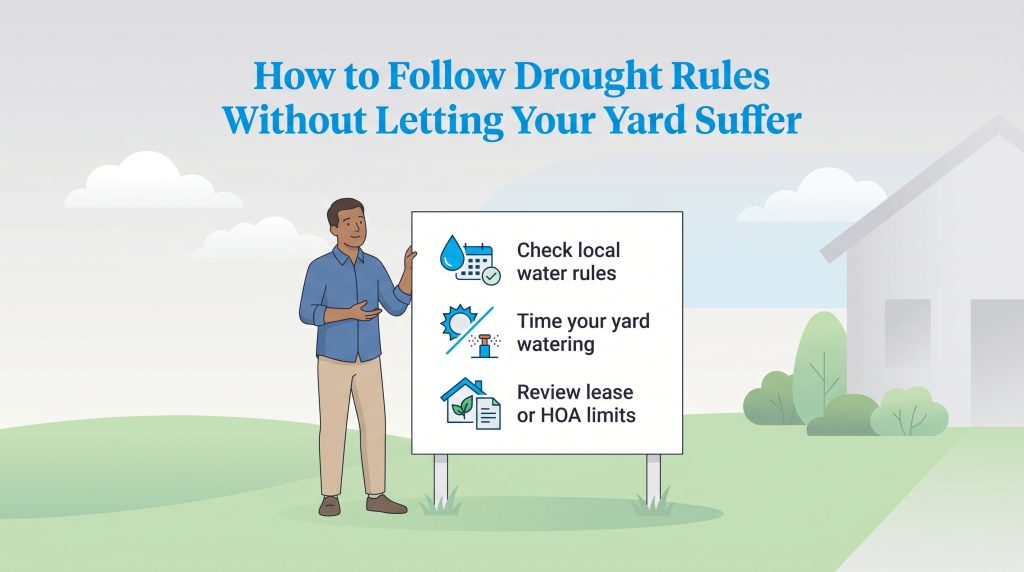 Man next to a sign listing three tips for following drought rules for yard care.