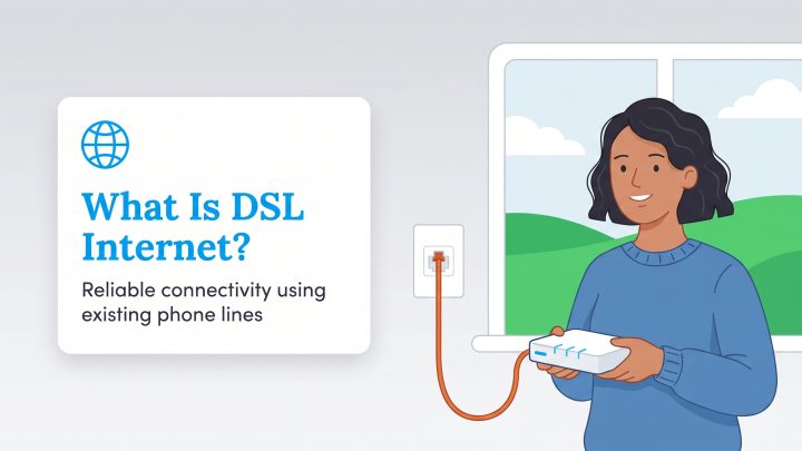 An illustration shows a woman holding a DSL modem connected to a wall jack, with text explaining DSL.
