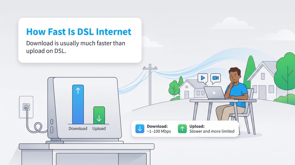 Chart shows DSL download speed is much faster than upload, with download typically 1-100 Mbps.