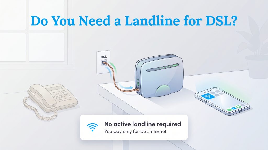 Diagram shows a DSL modem providing Wi-Fi, with a note stating no active landline is required.