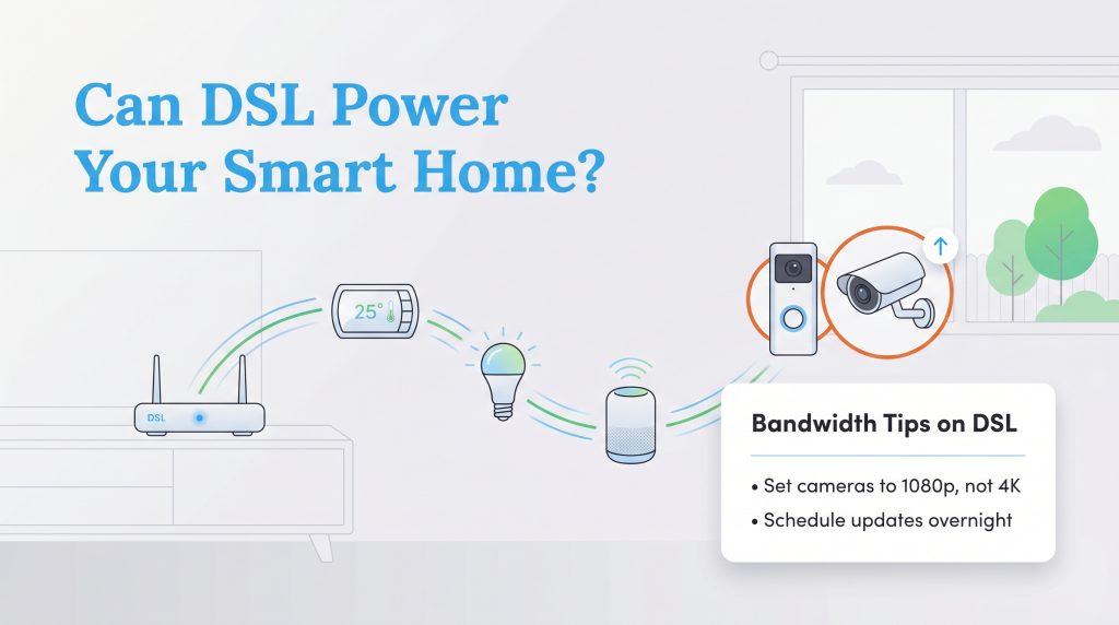 Infographic: Can DSL Power Your Smart Home? Shows a router connecting to smart devices, with tips to manage bandwidth.