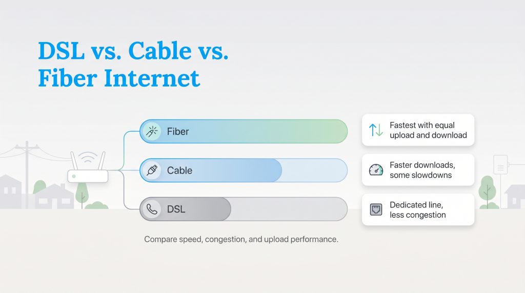Diagram comparing DSL, Cable, and Fiber internet based on speed, symmetry, and congestion.