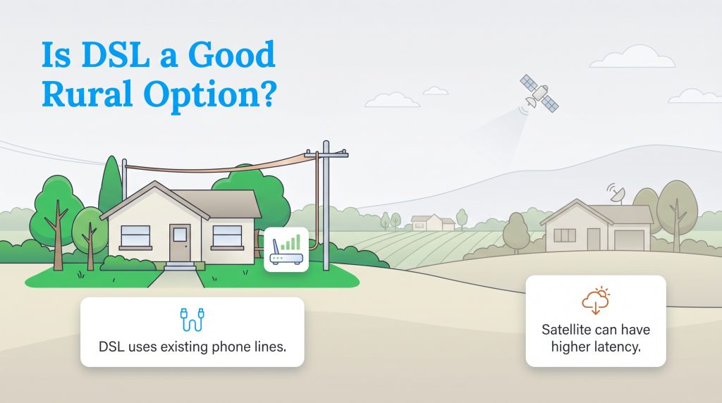 Infographic comparing rural DSL internet using phone lines to high-latency satellite internet.