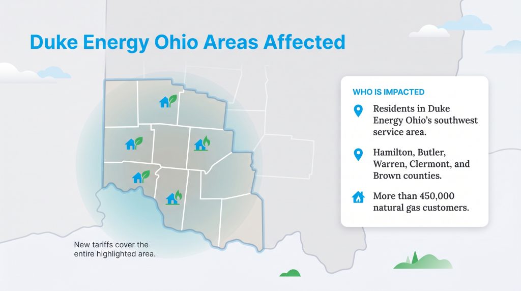 Map of southwest Ohio showing Duke Energy's affected service area and impacted customer details.