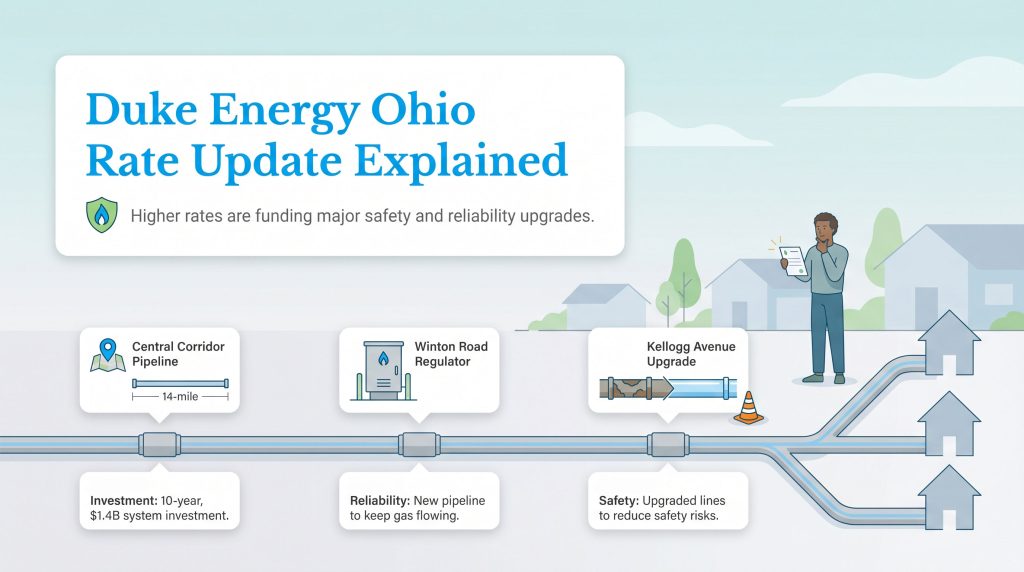 Infographic explaining Duke Energy Ohio rate increases fund pipeline safety and reliability upgrades.