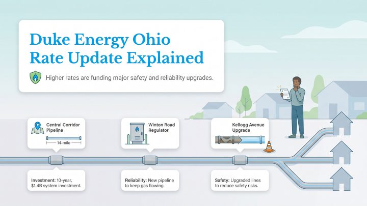 Infographic explaining Duke Energy Ohio rate increases fund pipeline safety and reliability upgrades.