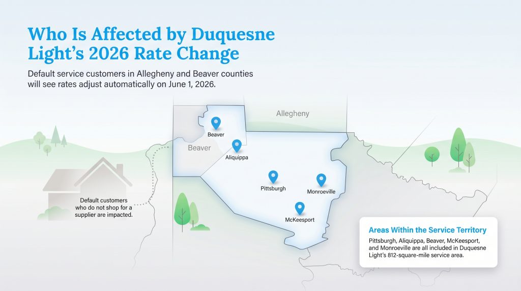 Map of Allegheny and Beaver counties affected by Duquesne Light's June 2026 rate change.