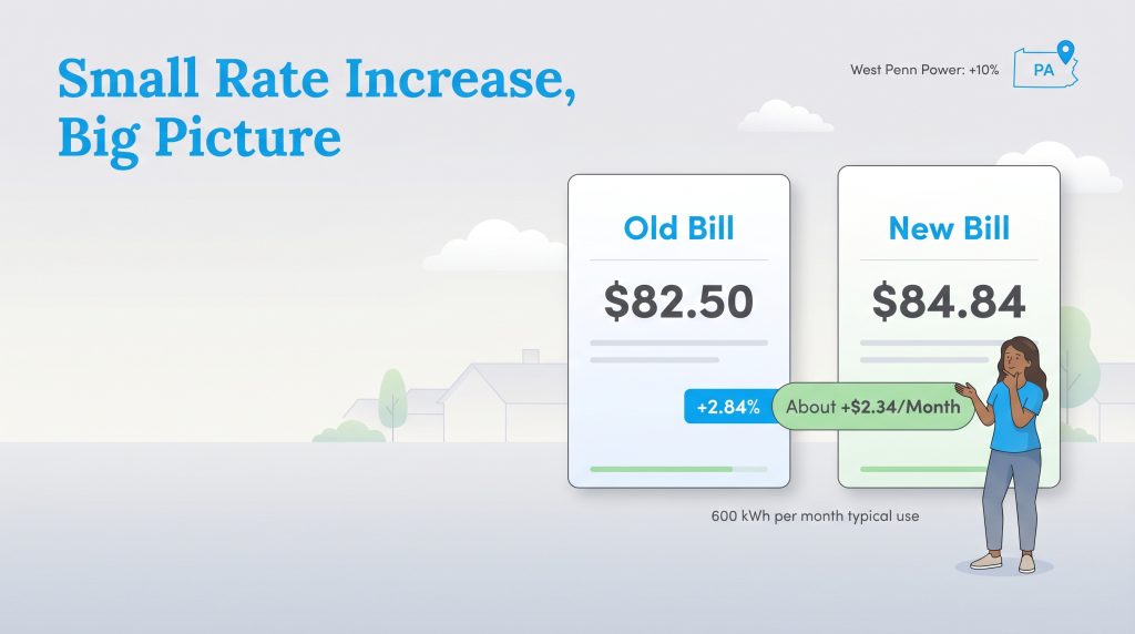 Infographic comparing old and new electricity bills, showing a $2.34 monthly increase for typical usage.