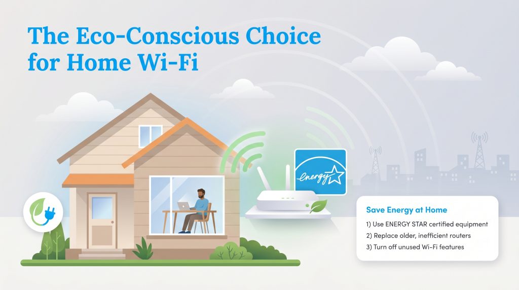 Illustration of an eco-conscious home Wi-Fi setup with an ENERGY STAR router and energy-saving tips.