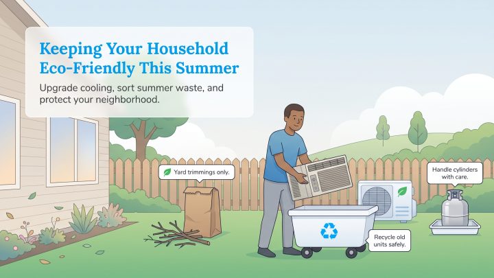 Man recycles window AC unit and sorts yard trimmings in backyard.