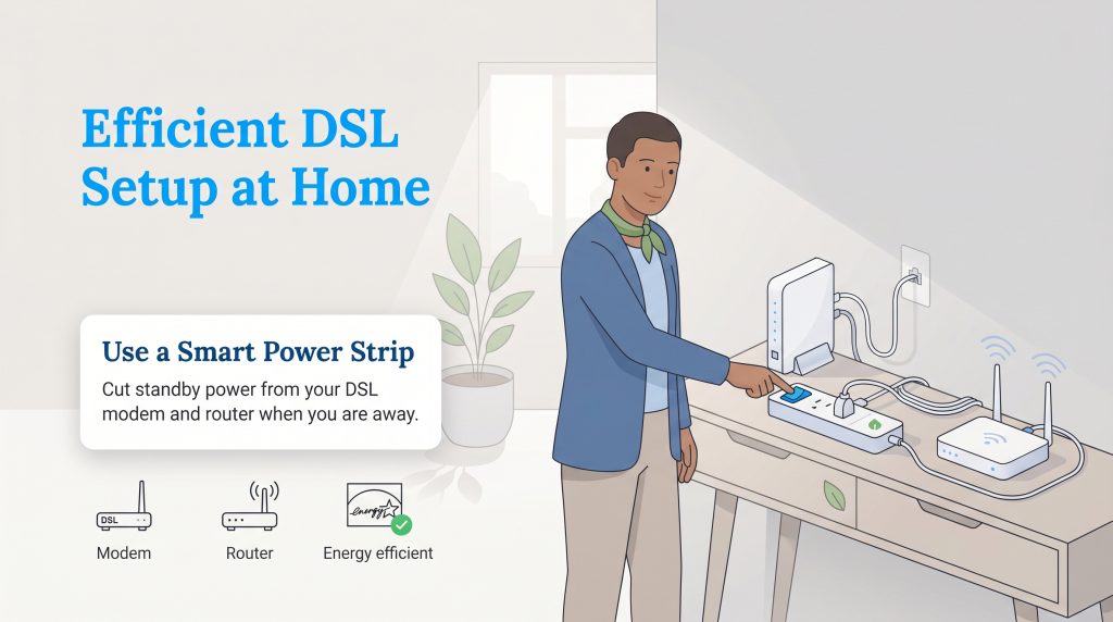 A person uses a smart power strip to turn off DSL equipment for energy efficiency.