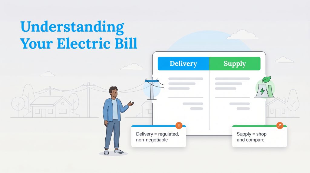 Illustration explaining electric bill components: regulated Delivery charges and negotiable Supply charges.