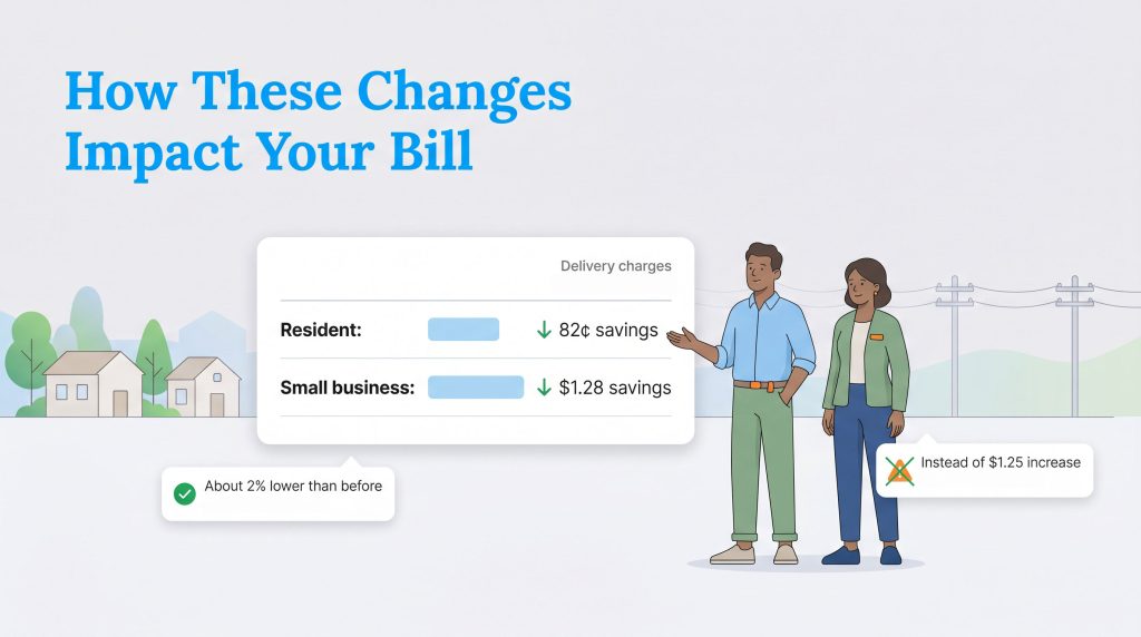 Infographic showing electricity bill savings of 82¢ for residents and $1.28 for small businesses.