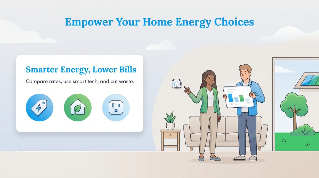 Illustration of a couple in a home with solar panels, looking at a tablet and smart thermostat, with text on smarter energy.
