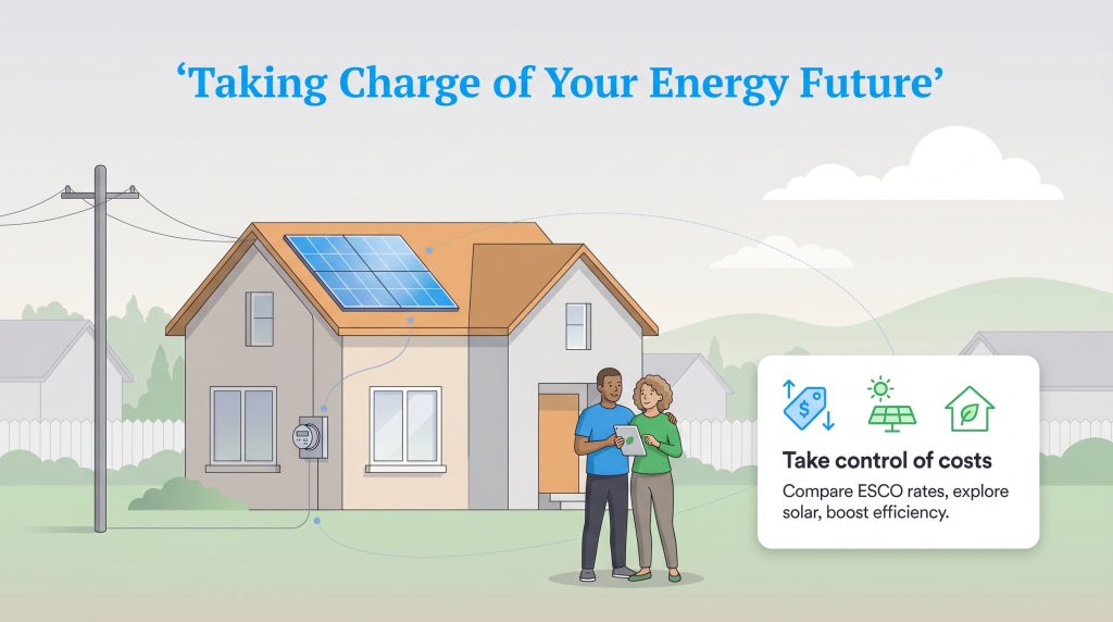 Illustration of a couple outside a home with solar panels, reviewing energy-saving options on a tablet.