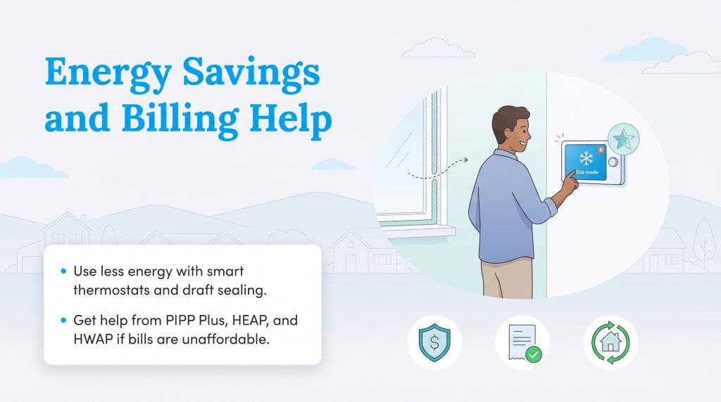 Man setting a smart thermostat next to a bulleted list of energy-saving tips and billing assistance programs.