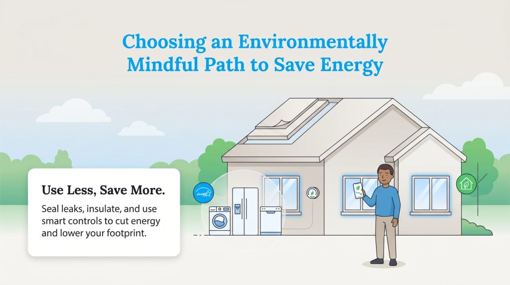 Infographic shows energy-saving home improvements like insulation, smart controls, and efficient appliances.