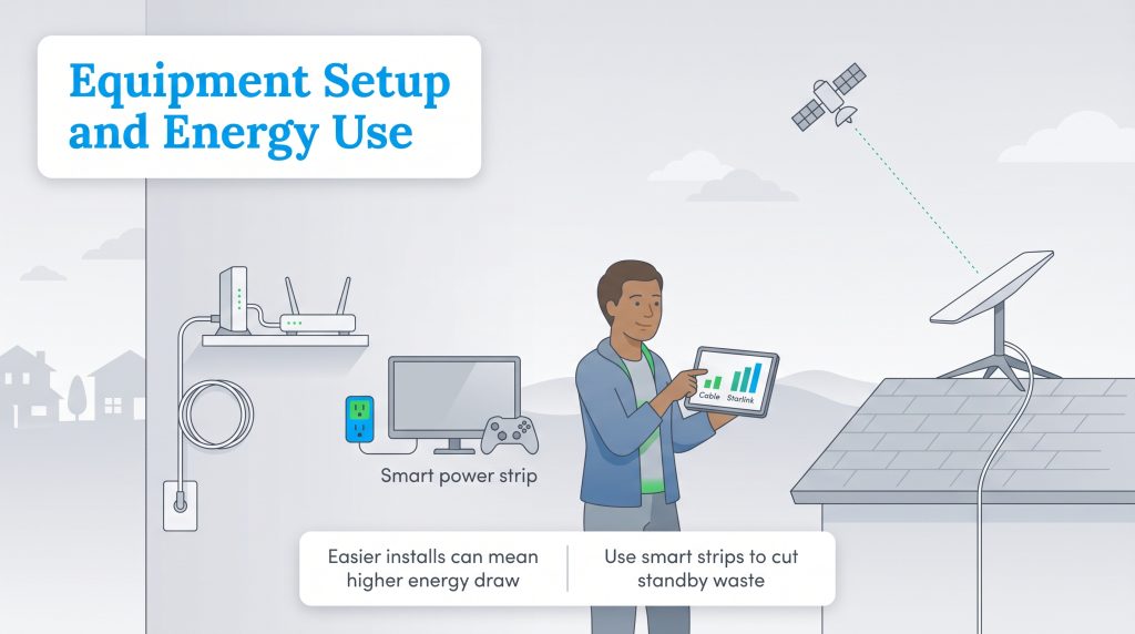 Illustration comparing cable and Starlink equipment setups and their energy efficiency.
