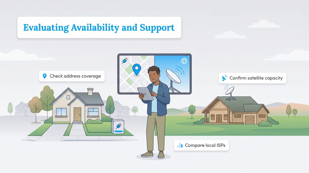 Man on tablet comparing wired address coverage for suburbs and satellite capacity for rural homes.