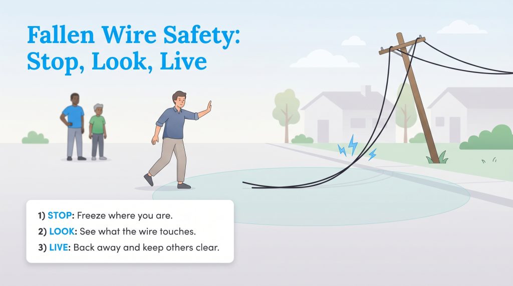 An infographic shows a man signaling others to stay back from a fallen power line with a safety checklist: Stop, Look, Live.