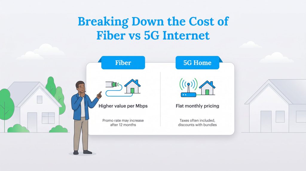 Chart showing Fiber has higher value per Mbps while 5G Home offers flat monthly pricing.