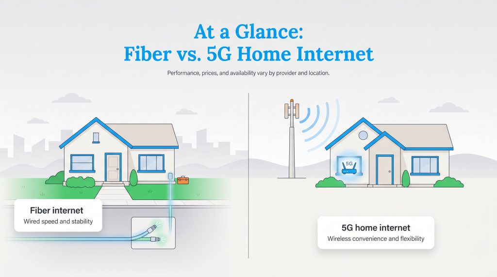 Illustration comparing a house with wired fiber internet to one with wireless 5G home internet.