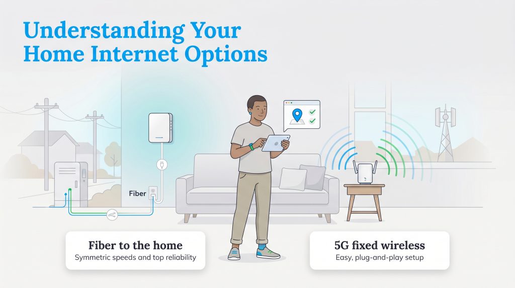 Infographic comparing hardwired Fiber to the home versus cellular 5G fixed wireless internet options.
