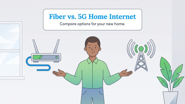 An illustration of a man comparing a fiber router and a 5G cell tower for home internet.