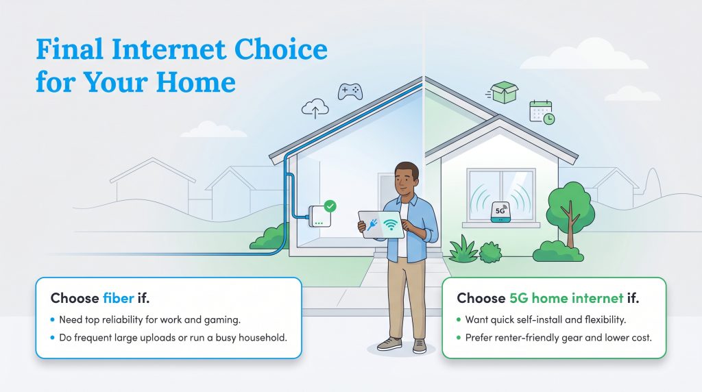 Infographic comparing fiber and 5G home internet options with usage scenarios for each.
