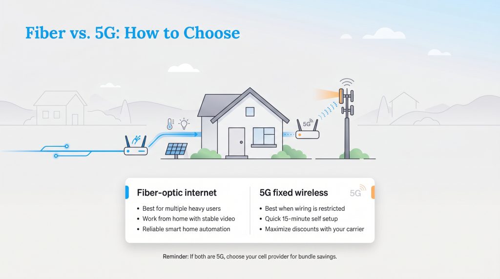 Infographic comparison of Fiber-optic internet and 5G fixed wireless with a decision checklist for home use.
