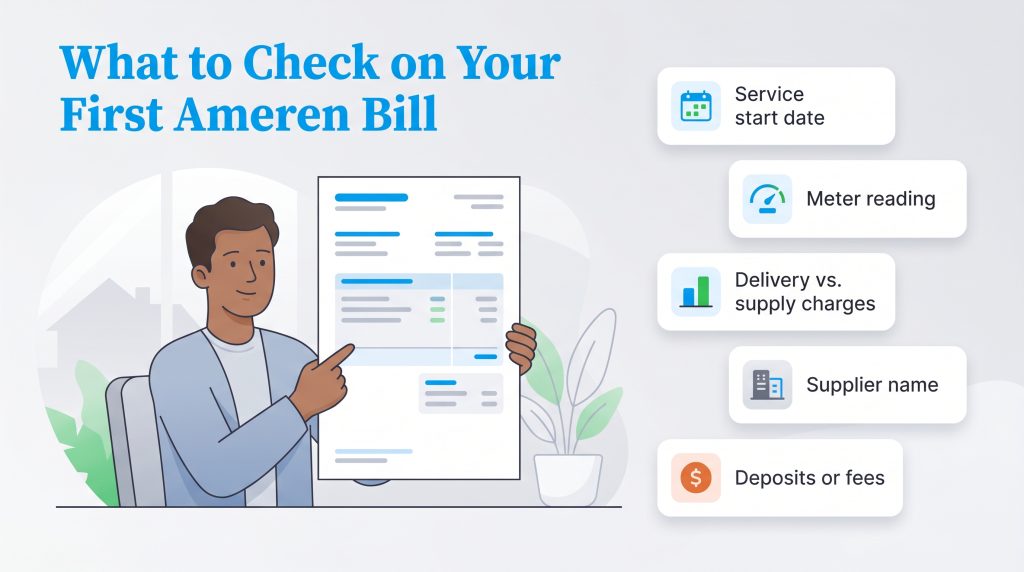 Infographic checklist for a first Ameren bill covering dates, readings, charges, suppliers, and fees.