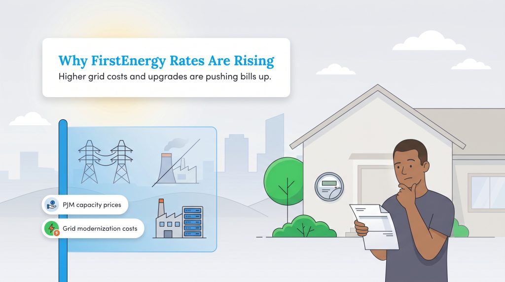 Infographic showing a man with a bill and icons for PJM capacity prices and grid modernization.