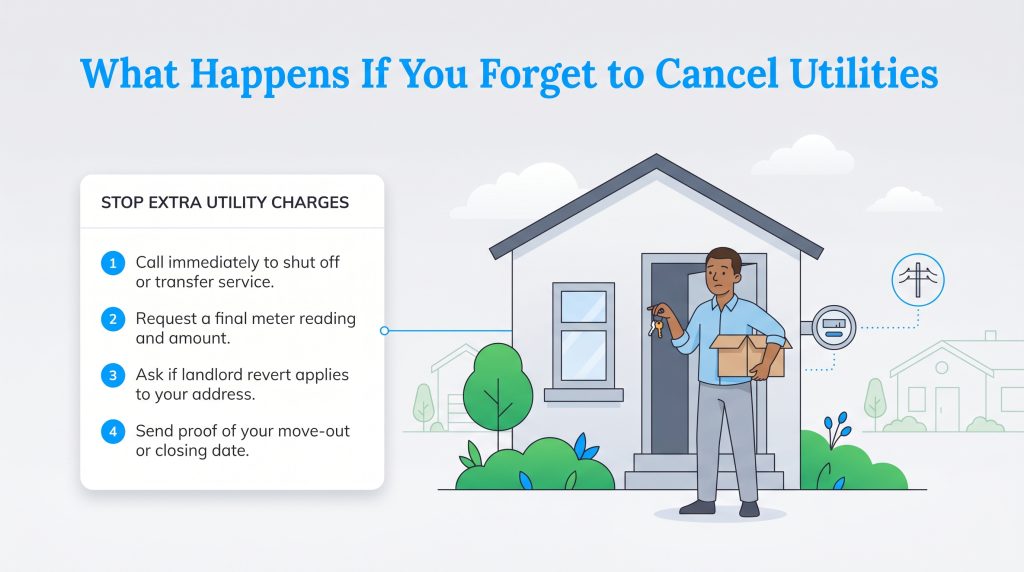 Infographic listing four steps to stop extra utility charges if you forget to cancel them after moving.