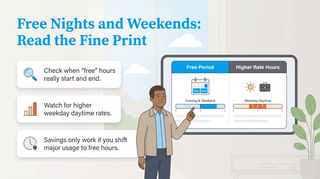Infographic about free energy plans: check hours, watch for higher weekday rates, and shift usage.