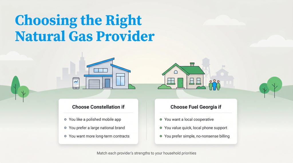 A comparison infographic comparing Constellation and Fuel Georgia natural gas providers based on user priorities.