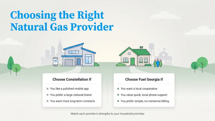 A comparison infographic comparing Constellation and Fuel Georgia natural gas providers based on user priorities.