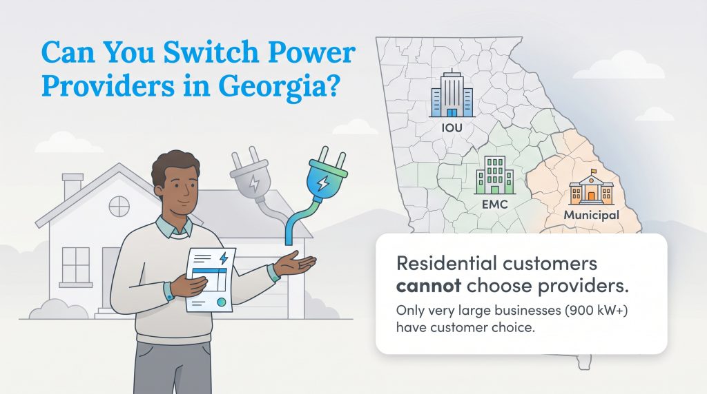 Infographic illustrating that residential customers in Georgia cannot choose their electric provider, unlike large businesses.