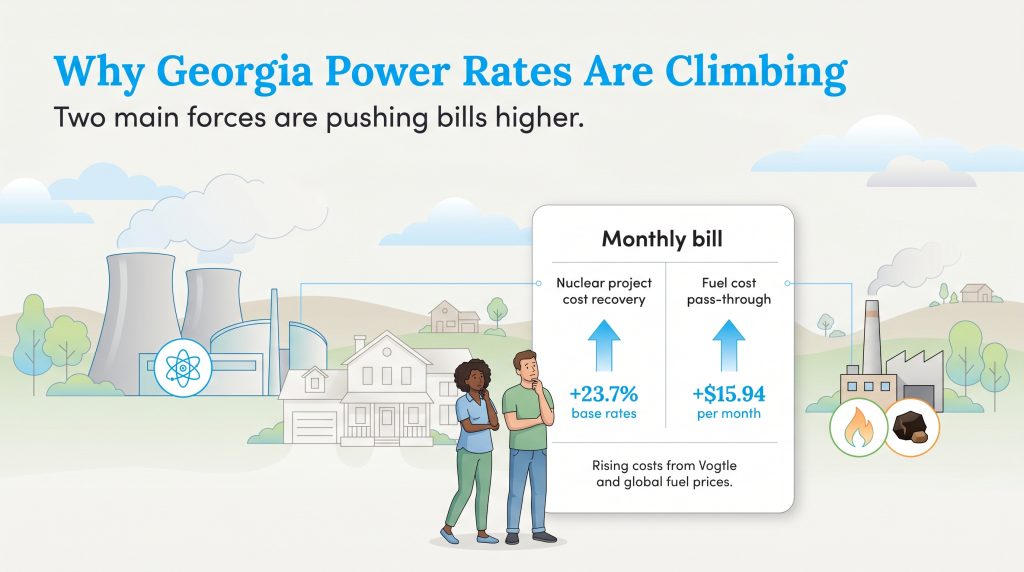 Infographic showing Georgia Power bills rising from nuclear costs and fuel price fluctuations.