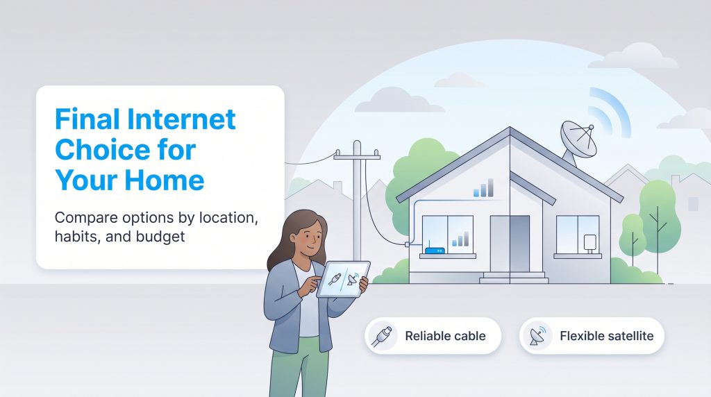 Woman on tablet comparing cable and satellite internet options for a home.