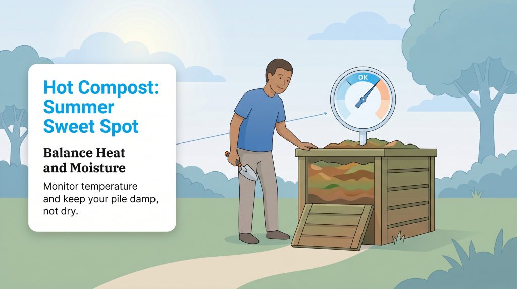 A person monitors a hot compost bin with a thermometer reading OK, balancing heat and moisture.