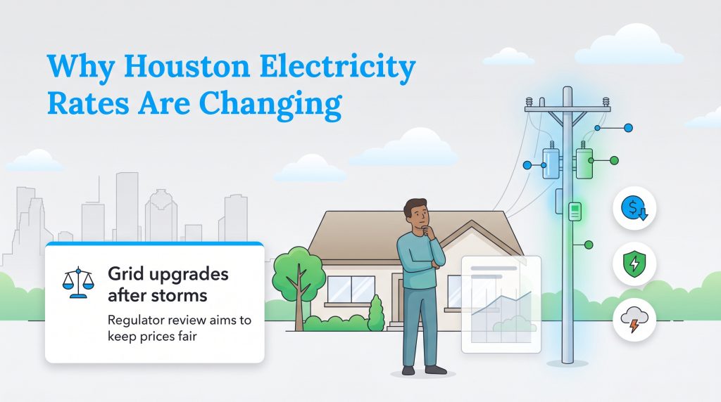 Infographic: Houston electricity rates change due to post-storm grid upgrades and regulatory reviews.
