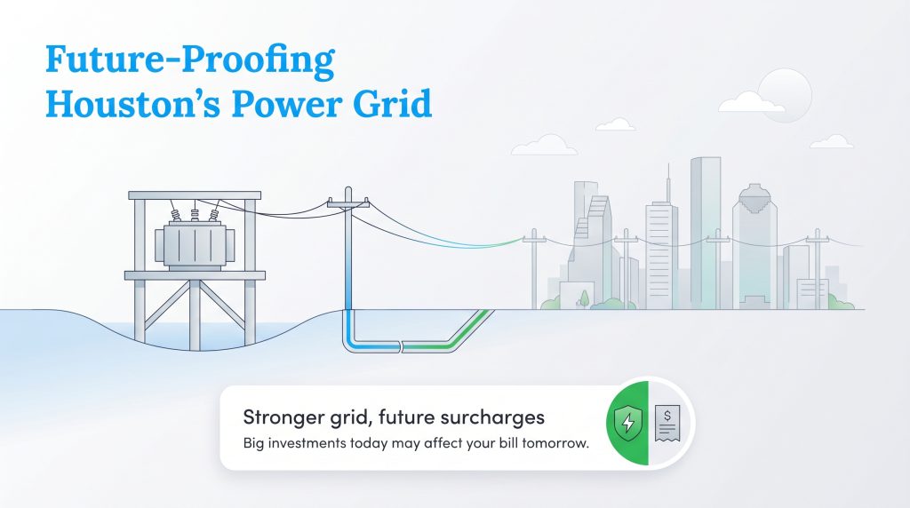 Diagram shows power grid upgrades with elevated substations and underground lines for Houston's resiliency.