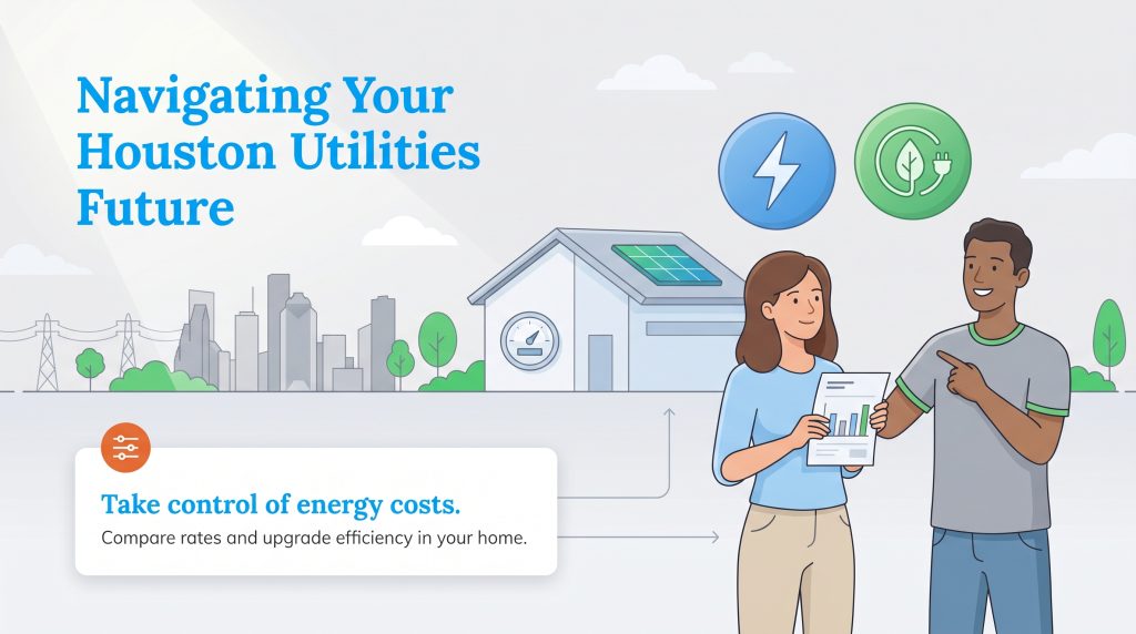 Illustration of two people discussing energy costs, with solar panels on a house and city skyline in background.