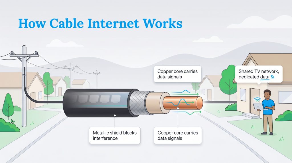 Diagram illustrating how cable internet transmits data via a coaxial cable's copper core, shielded from interference.